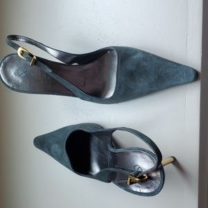 St John grey suede slingback metallic gold heel